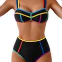 Eomenie Bikini Sets for Women Two Piece Swimsuits High Waisted Color Block Bathing Suits Tie Back Swimwear (Black, L)