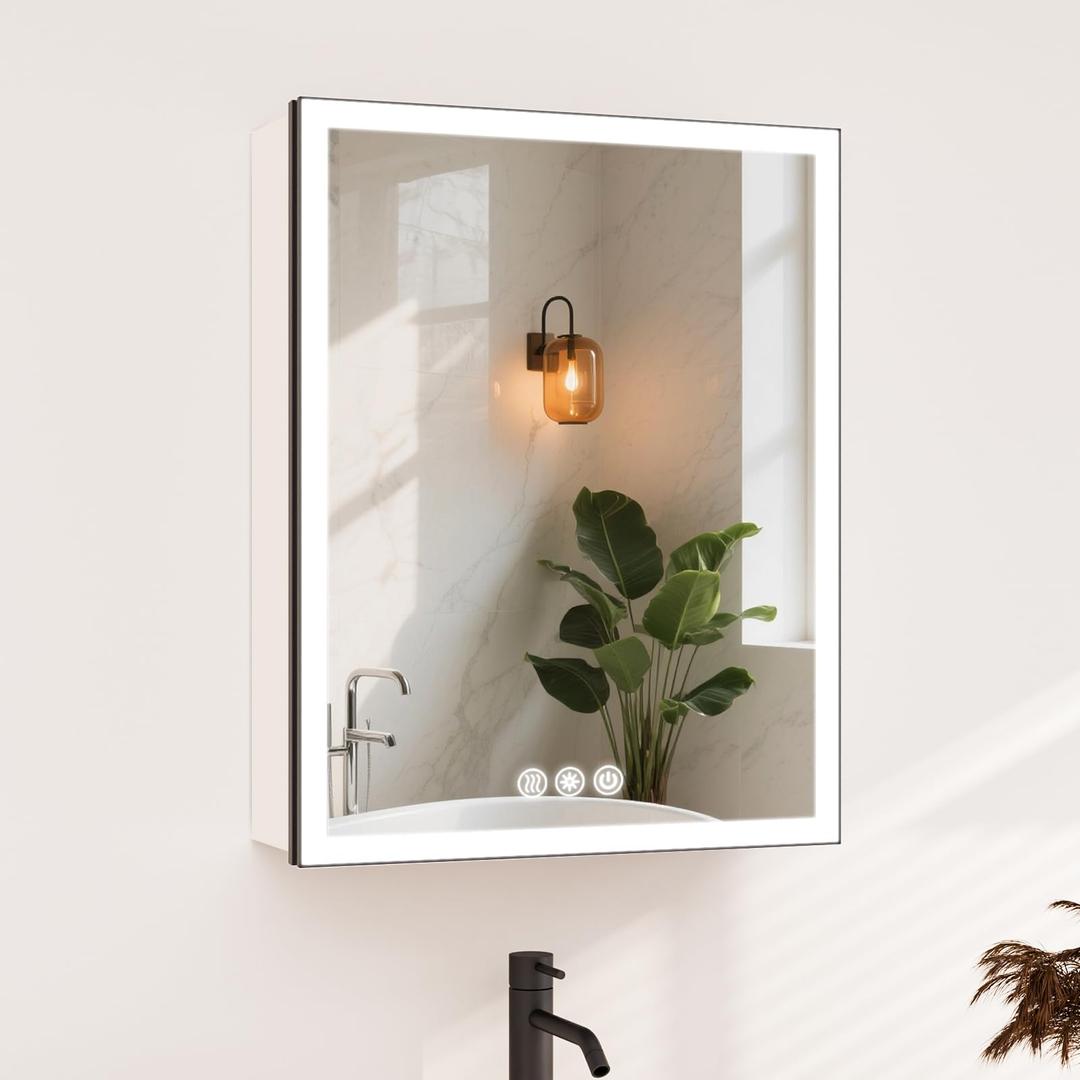GKCXOIUA 24"x32" Medicine Cabinet with Mirror and Lights, Surface or Recessed LED Bathroom Mirror Cabinet with Outlet & USB Ports, Defogger, Dimmer, Memory Function, Clock & Temp,Black