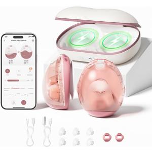 Momcozy Air 1 Ultra-Slim Breast Pump, Hands-Free Wearable Pump with Wireless Charging Case & App Control with Auto Mode & Full-Milk Alert, Industry-First Transparent Top for Easy Nipple Alignment (2 Count)