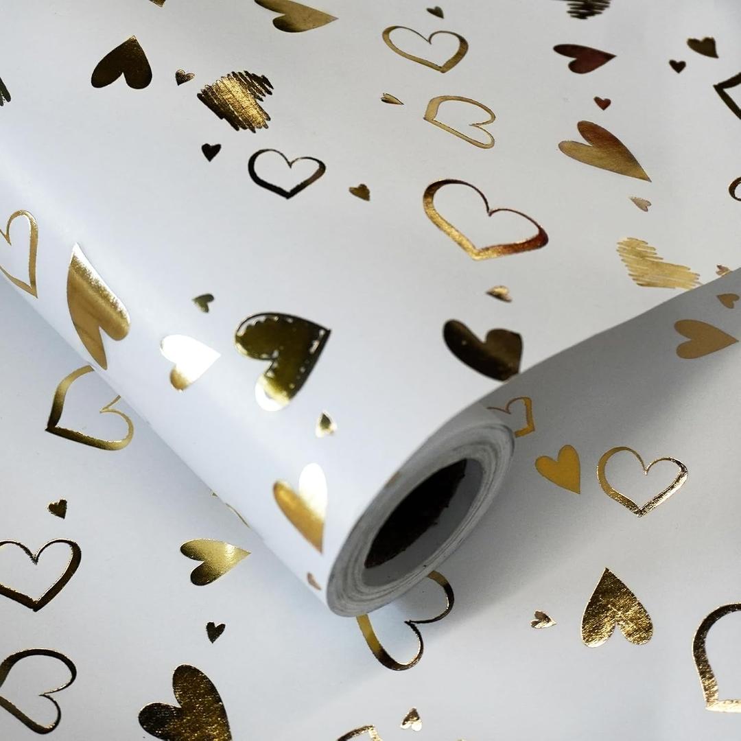 Wedding Heart Wrapping Paper - 17 Inch X 16.5 Feet - White Wrapping Paper with Gold Heart Design for Bridal Shower, Wedding, Valentine's Day, Birthday, Anniversaries