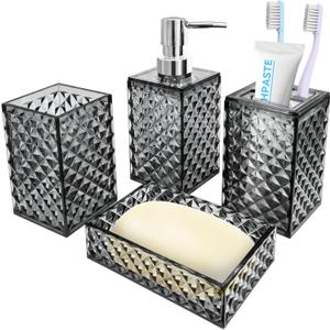Bathroom Accessory Set, 4 PCS Grey Bathroom Accessories Set, Soap Dispenser and Toothbrush Holder Set, Soap Dish and Mouthwash Cup, Boho Bathroom Decor, Plastic Bathroom Sets Accessories