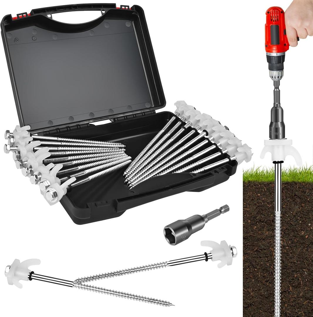 12 Pack Tent Stakes Heavy Duty 8 Inch Ground Anchor Screw Camping Stakes with Luminous Head Metal Threaded Tent Pegs, Includes Hex Head Driver and Storage Box