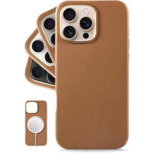 LONLI Classic Leather Phone Case for iPhone 16 Pro Max, Brown | European Genuine Vele Leather, Smoothen and Soften Over Time, Compatible with Magsafe