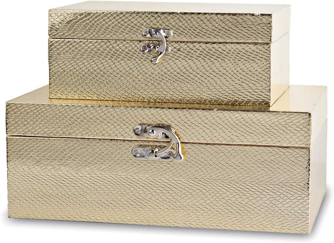 MODE HOME Set of 2 Decorative Wooden Keepsake Boxes Storage Boxes with Gold Leather and Clasp Closure Small Size Jewelry Organizer Gift Box