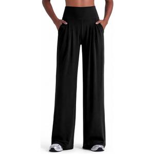 Sunzel Wide Straight Leg Yoga Pants for Women High Waisted Comfy Loose Pants Lounge Casual Soft Trousers with Pockets (L, Black)