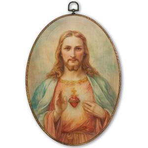 TLESKE Vintage Sacred Heart of Jesus Oval Wall Art Decor Framed 9x12, Christian Catholic Canvas Wall Art Prints Artwork, Religious Hanging Wall Picture Room Door Decor for Bedroom Living Room Kitchen, 11.3"L x 8.7"W