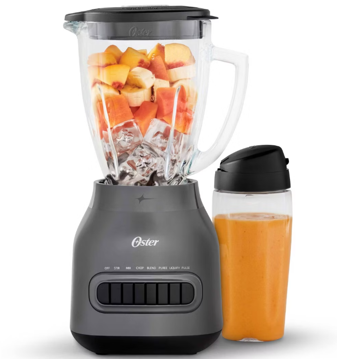 Oster Easy-to-Clean Blender with Dishwasher-Safe Glass Jar with a 20 oz. Blend-n-Go Cup: 700W, 8 Speeds, Smoothie Blender