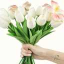 20Pcs Cream Tulips Artificial Flowers Real Touch PU Faux Tulips 18 Buds & 2 Fully Blooms Fake Flowers for Home Decor - Easter Spring Table Arrangement (Bedroom, Living Room, Kitchen)