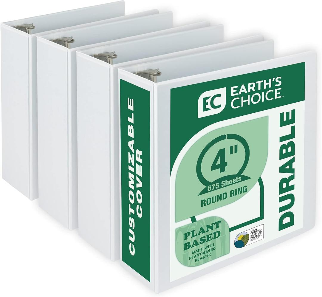 Samsill Plant-Based 4 Inch Durable Round Ring, Made in USA, View Binder, Eco-Friendly, USDA Certified Biobased, 4 Pack, White