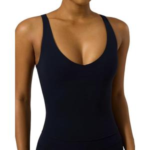 PAVOI ACTIVE Longline Sports Bra for Women, Mid Support Tank Top, FlexFlow | Wirefree Workout Cropped Tank with Built in Bra, V Neck Medium Support Long Sports Bra Black Large A-C Cups