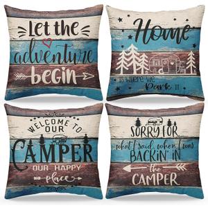 Welcome to Our Camper Set of 4 Decorative Rustic Throw Pillow Covers, 18 x 18 Inch, Let The Adventure Begin Cushion Covers, RV Home Bedroom Room Decor, Camper Gifts