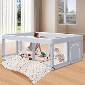 74"50" Large Baby Playpen with Mat PlayPen for Babies and Toddlers, Play Yards for Indoor & Outdoor with Zipper Gates, Breathable Mesh (Grey)