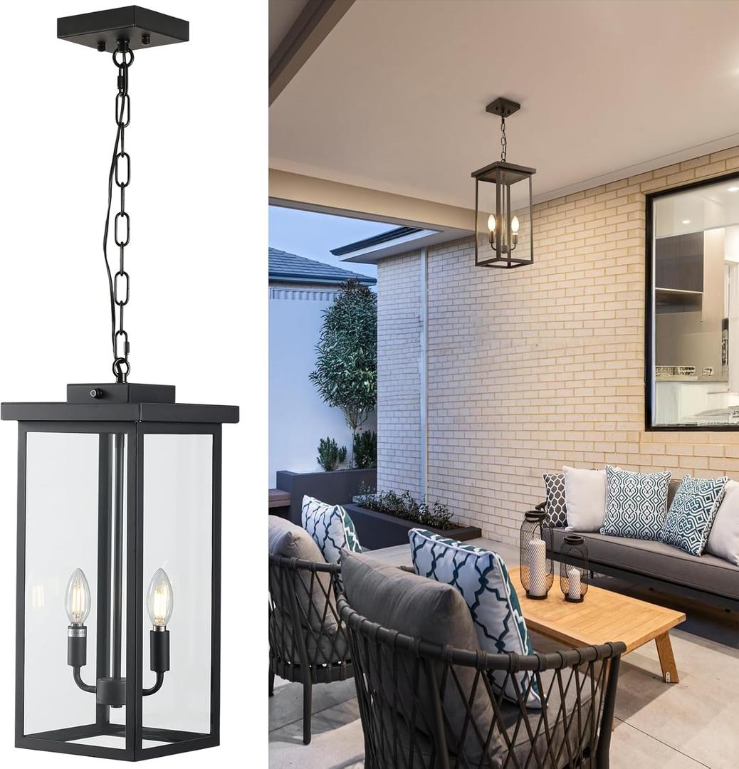 tewei 17.3'' Large Outdoor Pendant Lantern Light for Porch, 2-Light Black Metal Exterior Hanging Pendant Light Fixture Dusk to Dawn, Ceiling Hanging Chandelier Lighting for Foyer, Entryway, E12