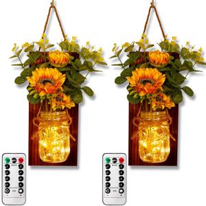 OurWarm Sunflower Wall Sconces Set of Two, Mason Jar Sconces Farmhouse Wall Decor Comes with Remote Control and Warm Toned LED Lights, Rustic Sunflower Decor for Home Kitchen Dining Room Living Room
