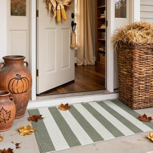 Green and White Striped Rug-2x3 Fall Front Door Mat Outdoor,Washable Reversible Porch Rug Cotton Hand-Woven Spring Doormat, Foldable Layered Door Mats for Entryway/Farmhouse