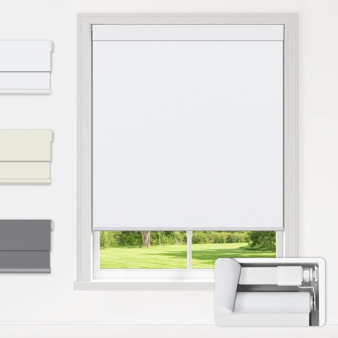 LazBlinds No Drill Blinds for Indoor Windows, Blackout Roller Shades, Cordless Window Blackout Blinds, Thermal Insulated Fabric UV Protection, for in Home and Office, 27" W x 48" H, White