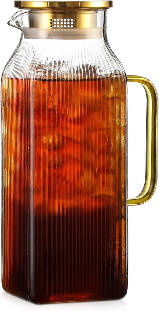 2 Liter/68 oz Square Glass Pitcher with Lid, Classic Stripes Water Pitchers with Handle for Fridge, Large Jug for Iced Tea, Coffee, Borosilicate Glass Carafe for Hot/Cold Brew Drink, Gold