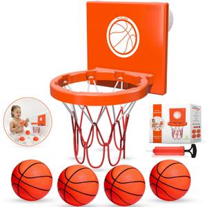 Bath Toys - Bathtub Basketball Hoop for Kids, Toddlers - Suction Cup Basketball Hoop and 4 Soft and No Hole Balls - Baby & Toddler Mini Basketball Hoop - Boys & Girls (Orange 4 Balls (With Stripes))