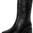 ISNOM Cowgirl Cowboy Boots for Women Western Square Toe Boots for Women Pull-on Tab (No-Zipper) and Unique Embroidery Design (7.5, Black)