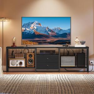 YATINEY TV Stand with Power Outlet Up to 75 Inch, Entertainment Center with 2 Fabric Drawers, TV Console Table with Open Storage Shelves for TVs, Cable Management, for Living Room, Bedroom, DS18UBBY1, 70.9"L x 11.8"W x 21.6"H