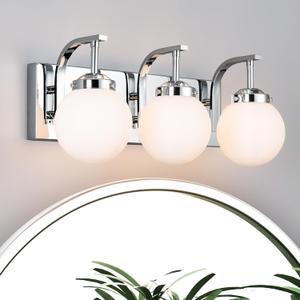 3 Lights Bathroom Vanity Light Fixtures Modern Chrome Vanity Light with Milk White Glass Globe Shade Bathroom Lighting Over Mirror Wall Sconce for Bedroom Living Room Hallway