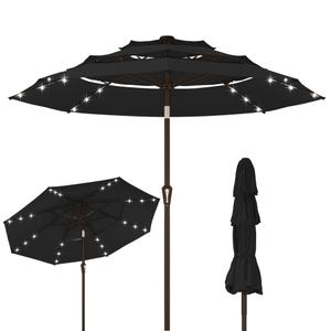 Kingdura 10ft 3-Tier Patio Umbrella with Solar Lights, Table Umbrella Outdoor Patio with Easy Crank & Tilt, 8 Sturdy Ribs, UV Protection, 32 LED Lights for Deck, Poolside, Market (Black)