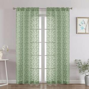 Chyhomenyc Sage Green Sheer Curtains 72 Inches Long 2 Panels Set, Light Filtering Tufted Textured Soft Airy Rod Pocket Elegant Leaf Window Treatment Drapes for Bedroom Living Room, 42" Wx72 L, 2PCS