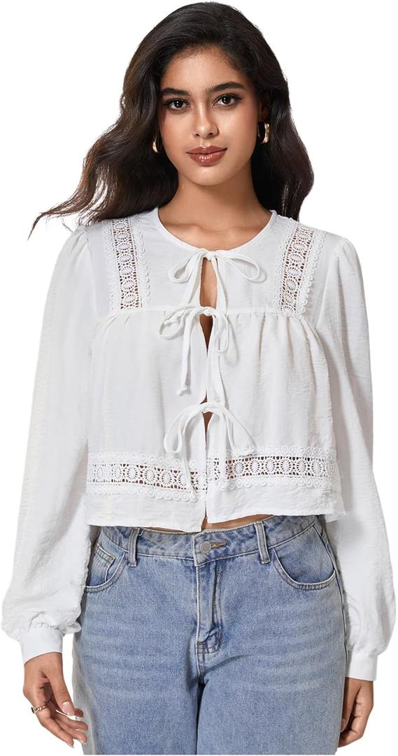 MakeMeChic Women's Boho Top Peplum Long Sleeve Shirt Tie Front Crew Neck Summer Blouse (White, XS)