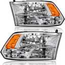 Headlights Assembly Compatible with 09-18 Dodge Ram 1500/10-18 Dodge Ram 2500 3500 4500 5500 (Only Fit Factory Quad Style Halogen) Headlamp Amber Reflector Chrome Housing