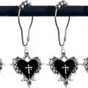 Halloween Shower Curtain Hooks, 12Pcs Black Heart Thorny Rose Cross Rustproof Decorative Shower Rings for Vintage Gothic Style Bathroom Decor