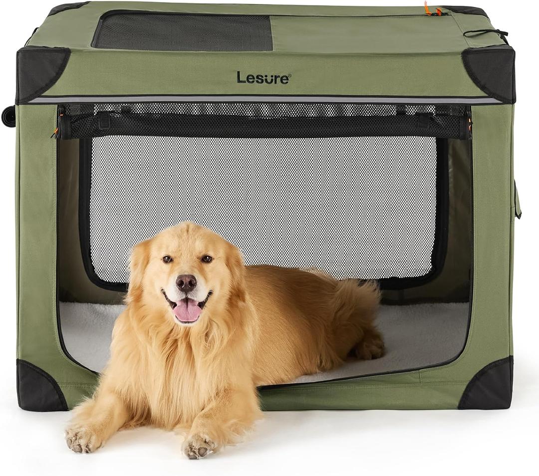 Lesure Soft Collapsible Dog Crate - 42 Inch Portable Travel Crate for Extra Large Dogs Indoor & Outdoor, 4-Door Foldable Pet Kennel with Durable Mesh Windows, Green (XL - 42", Green)