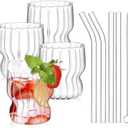 Tessco 4 Pieces Ribbed Glass Cups with Straws 8.8 oz Ripple Drinking Glasses Set Fluted Glassware Ribbed Origami Style Cup for Iced Coffee, Cocktail, Water, Juice, with 4 Glass Straws and Straw Brush