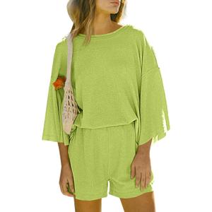 Tankaneo Womens Short Sets 2 Piece Outfits 3/4 Sleeve Tops and Elastic Waist Shorts Lounge Set Casual Loungewear (XX-Large, Green)
