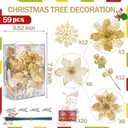 59PCS 6 Style Poinsettia Flowers Artificial Christmas Tree Decorations Gold Christmas Ornaments with Berry Stems Snowflakes Cards for Wreath Fireplace Stairs Xmas Tree Decor