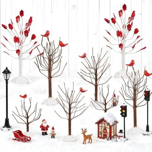 Warmtree 8 Pcs Christmas Village Trees, Christmas Village Accessories Miniature Tree with Cardinal Figurine for Holiday Home Garden Office Festival Decor