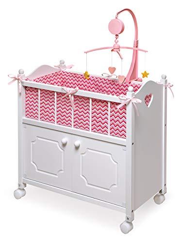 Badger Basket Wooden Doll Bed with Storage Cabinet, Bedding, Mobile, and Wheels - Fits 18 to 22-Inch Dolls, White with Pink/Chevron Bedding for Pretend Play