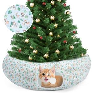 Woodland Christmas Cat Bed Tunnel 3ft x 3ft x 9.8in Winter Forest Under Christmas Tree Cat Donut Tunnels Snowman Reindeer Plush Peekaboo Cave Toy Collapsible 3 Way Xmas Gifts for Small Kitty
