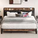 LIKIMIO King Bed Frame, Storage Headboard with Charging Station, Solid and Stable, Noise Free, No Box Spring Needed, Easy Assembly (Vintage and Black)