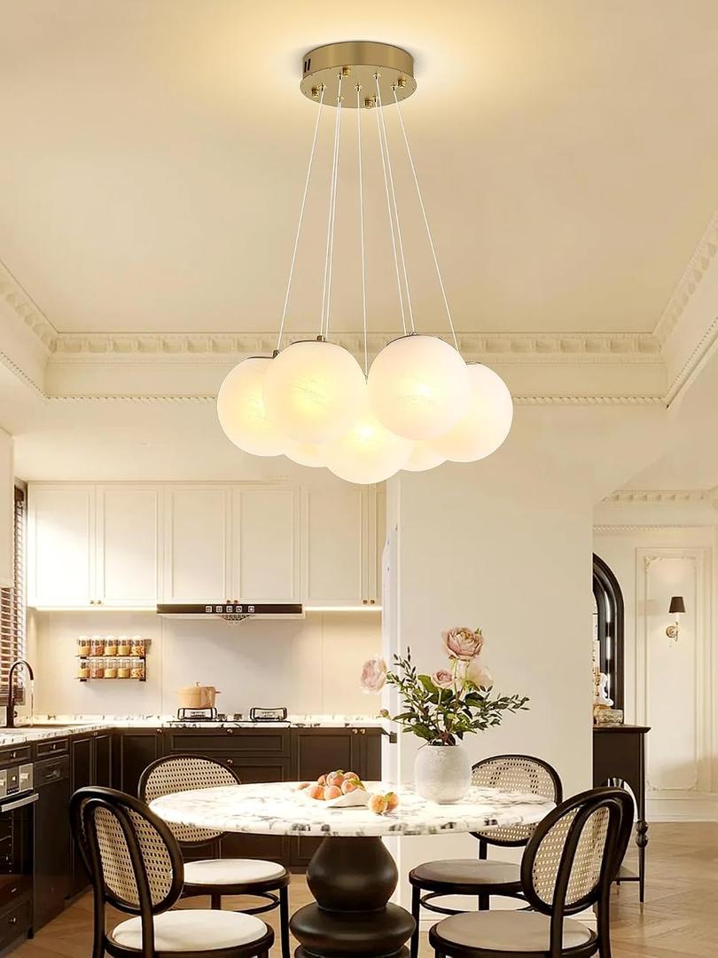 Modern Bubble Chandelier Lighting 7-Light Mid-Century White Glass Globe Chandeliers Cluster Pendant Light Gold Finish Hanging Chandelier for Bedroom Living Room