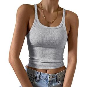 Artfish Women's Sleeveless Tank Top Form Fitting Scoop Neck Ribbed Knit Basic Cami Shirts L (Grey)