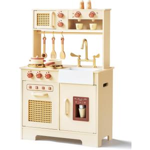 Play Kitchen for Kids, Wooden Play Kitchen Set with Realistic Features, Small Play Kitchen Toy Designed Ideal for Toddlers, for Ages 3+