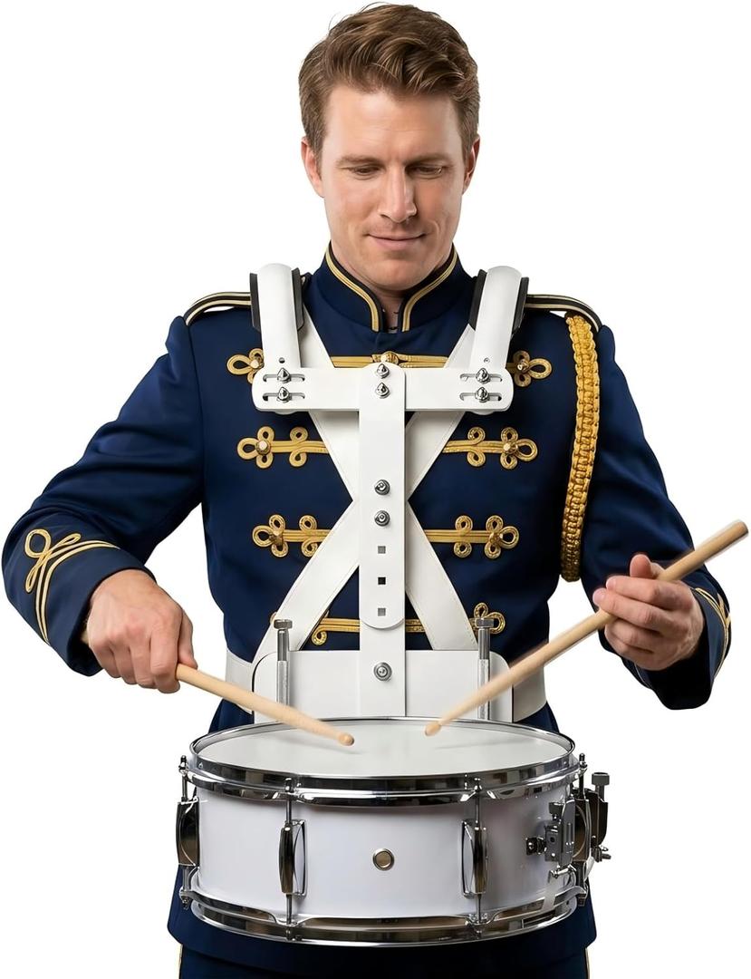Adjustable Marching Snare Drum Carrier - Lightweight Aluminum Snare Marching Drum Holder with Thickened Padded Shoulder Frame, White