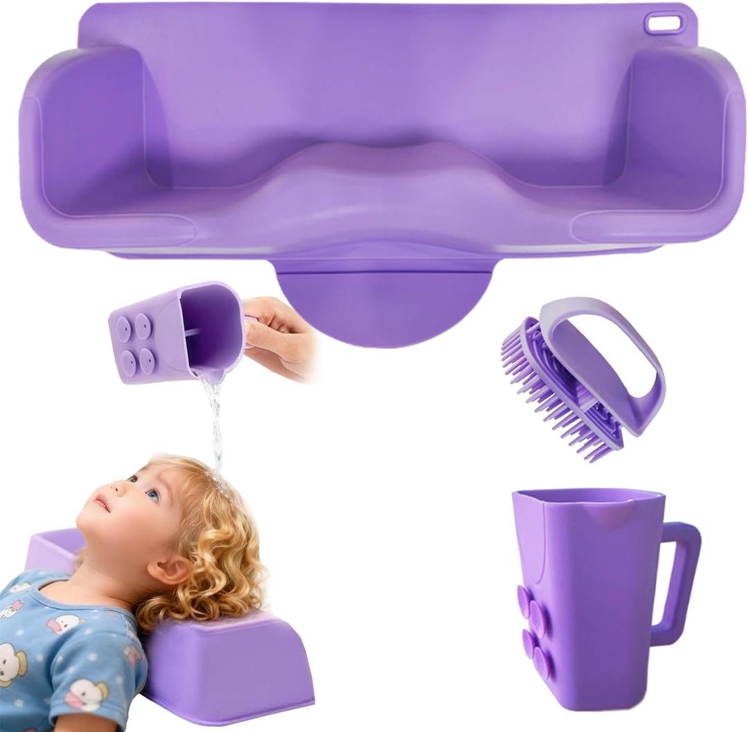 Silicone Portable Hair Washing Station for Kids,Toddlers and Elderly,Shampoo Basin/Bathtub Shampoo Buddy, Attached Shampoo Brush and Bath Rinse Cup,Neck Support Shampoo Bowl for Sink at Home (Purple)