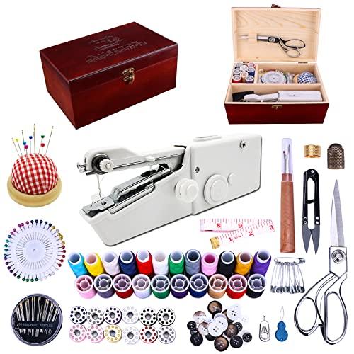 Handheld Sewing Machine, with Elegant Wooden Sewing Box and 153-Piece Sewing Kit, Mini Portable Cordless Hand held Sewing Machine, Perfect for Adults, Beginners, and Quick Home Repairs