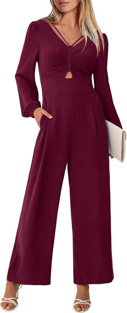 ANRABESS Womens Jumpsuits Dressy Long Sleeve Wide Leg V Neck Pants Rompers 2025 Fall Formal One Piece Wedding Guest Outfits (Medium, Red)
