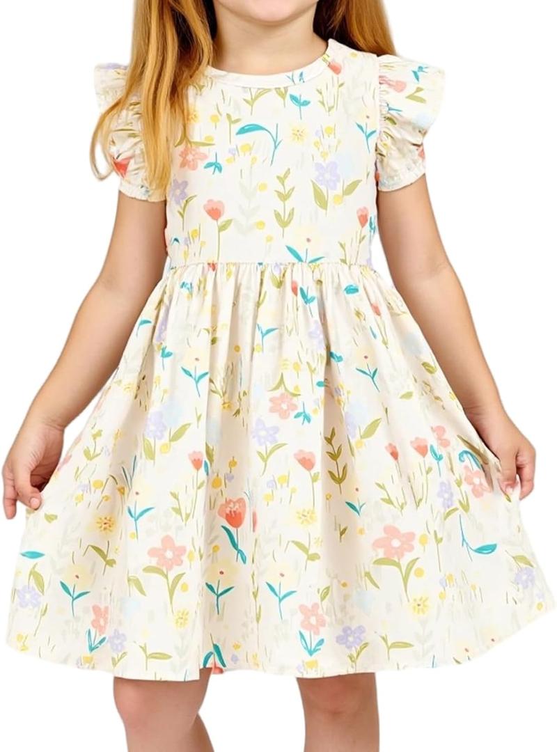 Little Bitty Girls Floral Dress Boho Ruffle Sleeveless Dresses Pleated Casual Swing Beach Sundress for Kids 2-7 Years (3-4T)