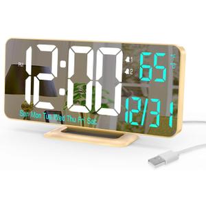 KOSUMOSU Dual Alarm Clock 6.7in Gold Desk Clock with Dimming, 12/24h, Seconds, Date, Day of Week, Temp, Digital LED Clock for Bedroom, Digital Calendar Clocks for Living Room Gold Desk Accessories