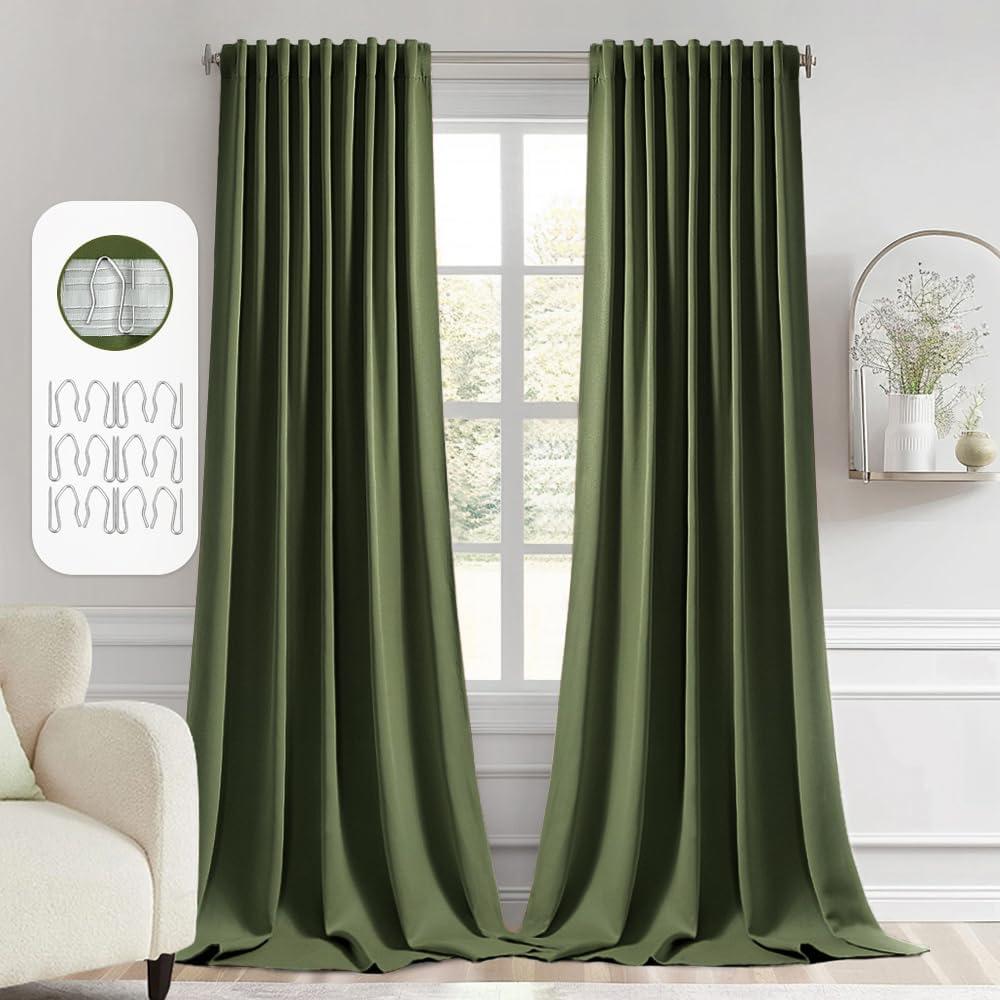 MIULEE Olive Green Back Tab Blackout Curtain 96 Inch Long 2 Panels Set for Bedroom, Rod Pocket/Pinch Pleat Thermal Insulated Living Room Darkening Pleated Light Blocking Floor to Ceiling Drape Olive Green, 52"W x 96"L (Pack of 2)