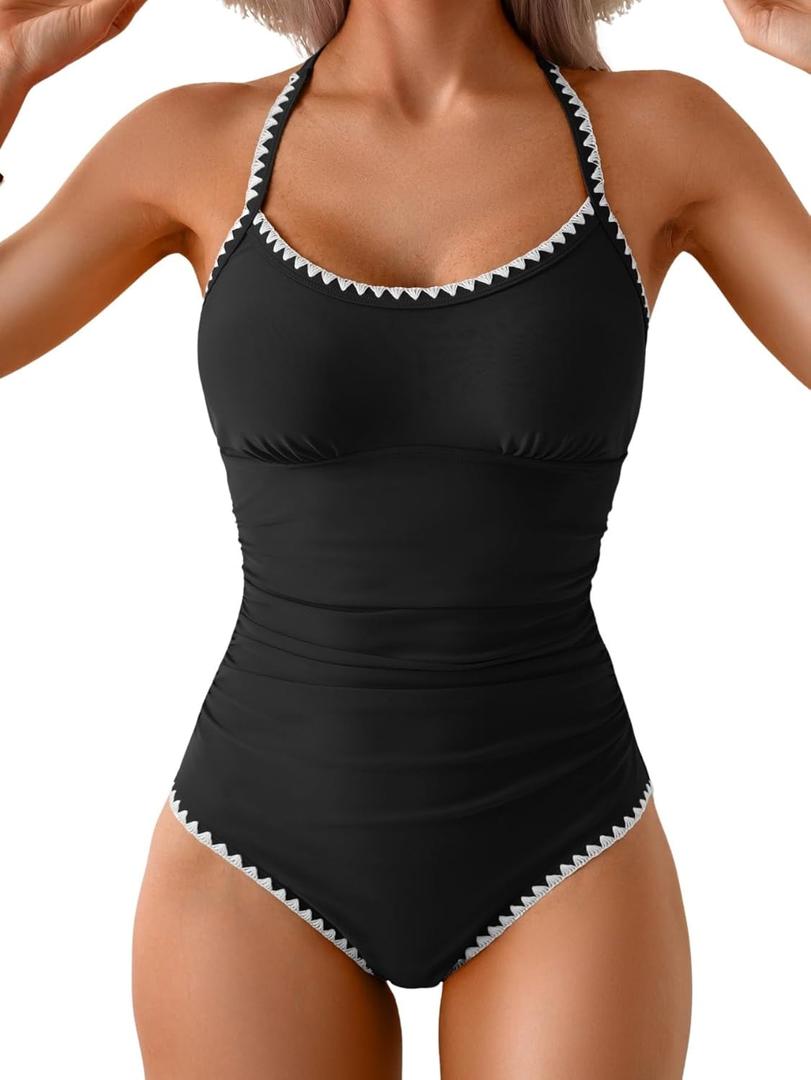 Eomenie Women's One Piece Swimsuit Tummy Control Slimming Bathing Suit Ruched Swimwear Tie Back Shell Stitch Swim Suit (Medium, Black White)