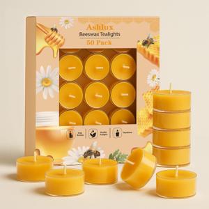 Ashlux Unscented Beeswax Tea Lights Candles 50 Pack, 4 Hours Long Burning Handmade Yellow Tealight Candles, Clear Cup Smokeless Beeswax Candles for Wedding, Party, Centerpiece & Home Decorative